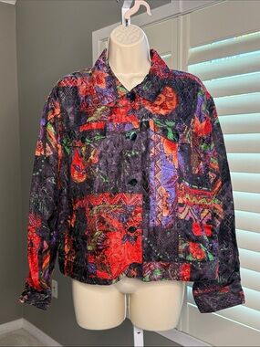 Chico's Multicolor Patchwork Quilted Jean Jacket — Red, Purple & Green Accents